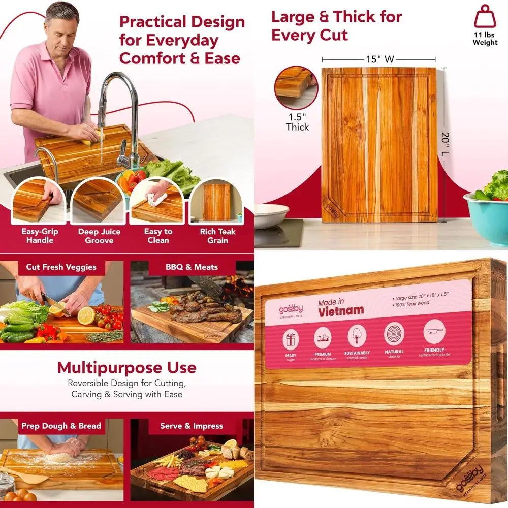 

Разделочная доска из тикового дерева ручной работы, 20 x 15 x 1,5 — Премиум, сбалансированная для поваров, легко очищаемая, приятная для ножей, сборочных изделий и сервировки