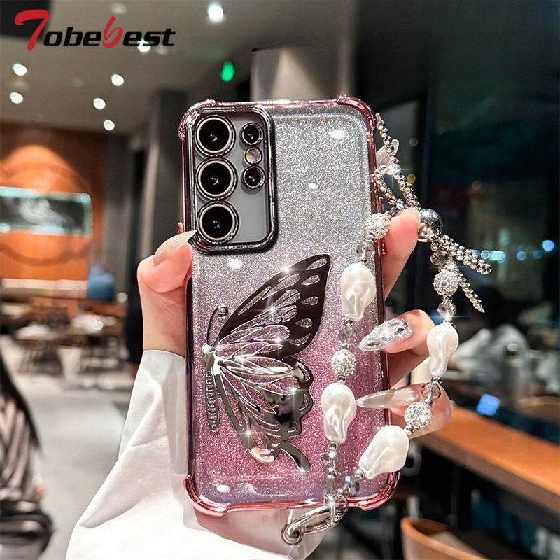 Laser Butterfly Shockproof Plating Glitter Bracelet Case for Samsung Galaxy S25 edge S24 S23 S22 S21 S20 Ultra Plus FE Cover