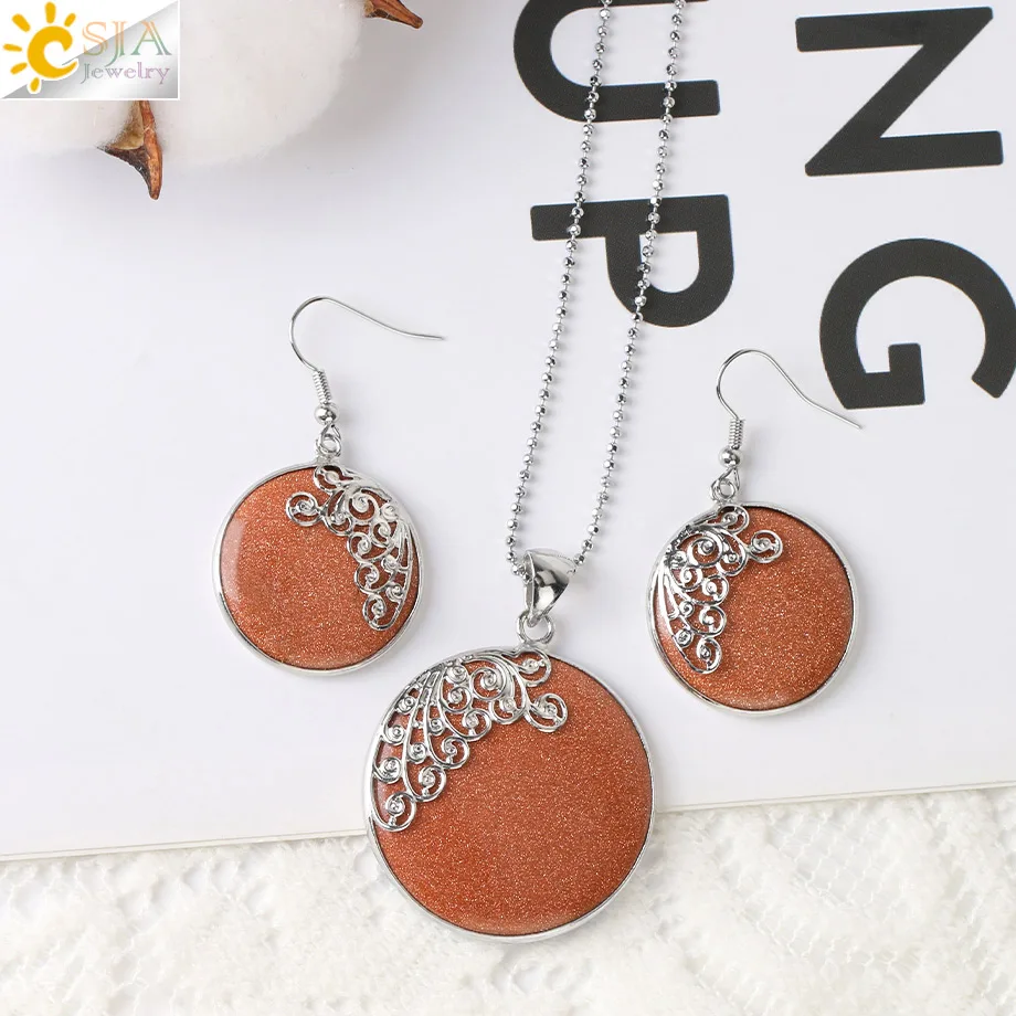 CSJA Natural Stone Necklaces Jewelry Set Butterfly Dangle Earrings Round Brown Sand Stone Pendant Party Women Jewellery G944