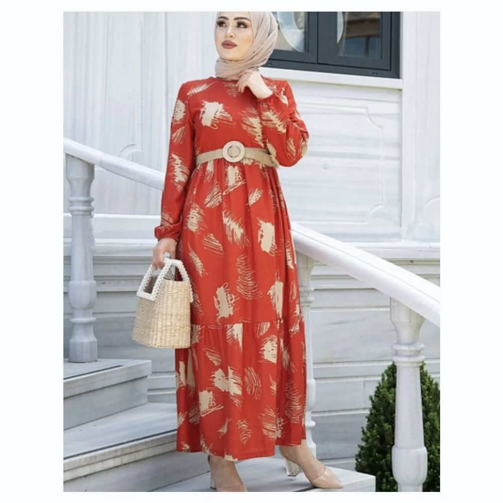 

Muslim Islamic New Print Dresses for Women Fashion Round Collar Ladies Dresses with Belt Middle East Turkey Loose Female Robe