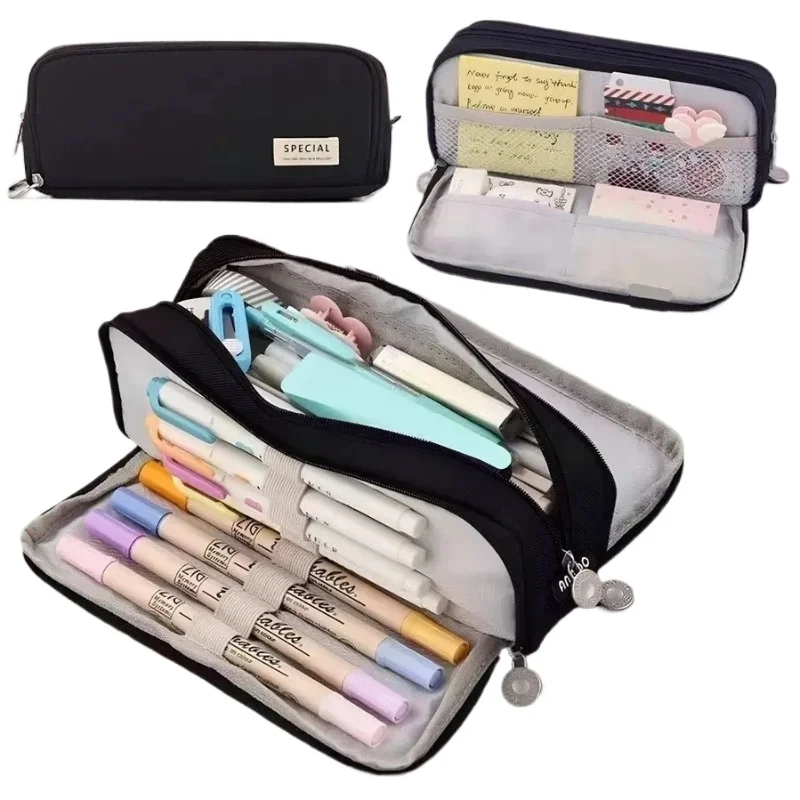 Multi Layer Zipper Pencil Case Large Capacity Solid Color Student Pen Bag Travel Organizer