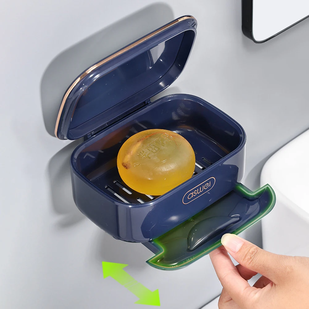 

Bar Soap Holder No Drilling Soap Tray with Drain Tray and Cover Shower Soap Case Double Layer Dustproof for Shower Bathtub