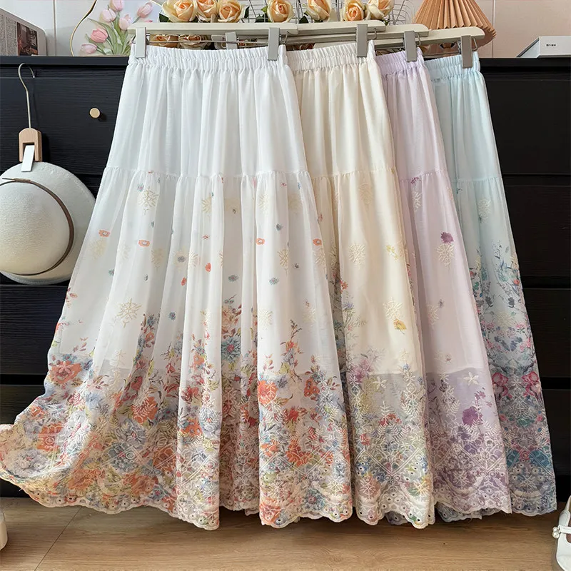Embroidery Flower Hollow Out Skirt for Women 2026 Spring Autumn New Chinese Style Ethnic Style High Waist Pleated Skirt