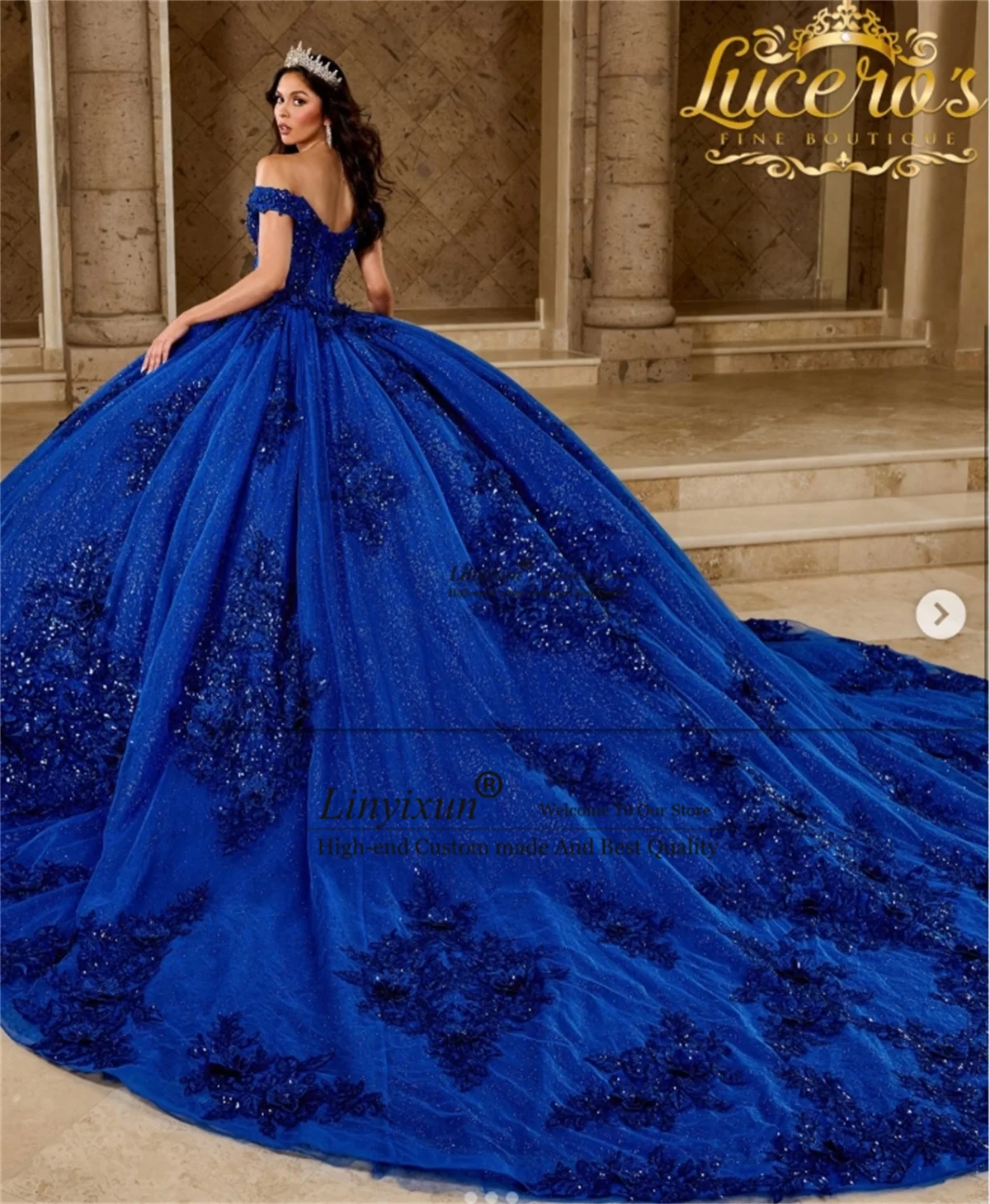 Glitter Royal Blue Quinceanera Dress Ball Gown Sequins Applique Beaded Bow Sweet 16 Customized Off Shoulder Vestidos De 15 Anos