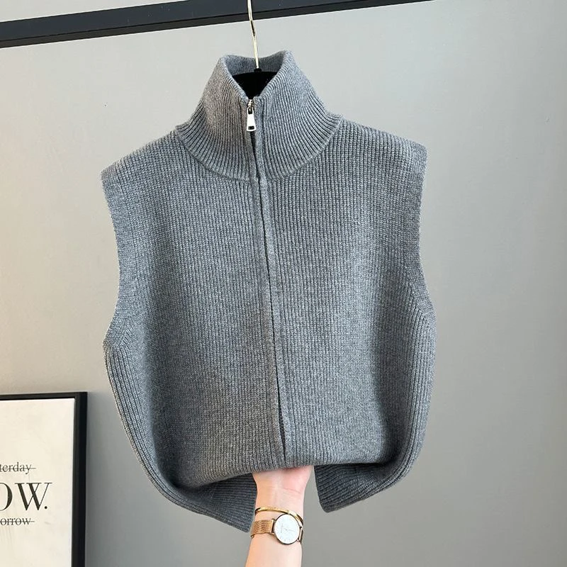 

High Collar Women's Vest Jaet Zipper oulder Pad Knitted Sweater Loose Winter Layering Korean Sle Commute Friendly