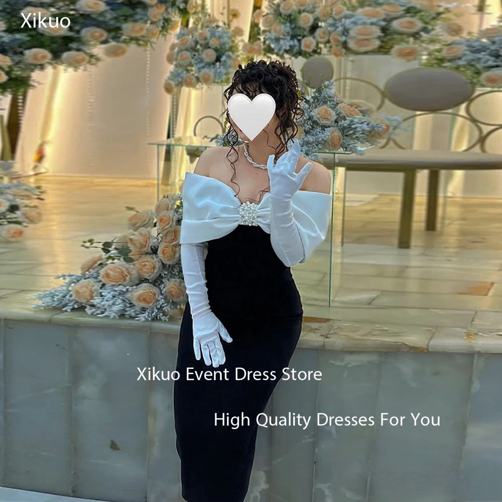 

Xikuo Graceful Black Satin Evening Gowns Above Knee Pearls Prom Dress A Line Off Shoulder Pleated Vestidos De Fiesta Customized
