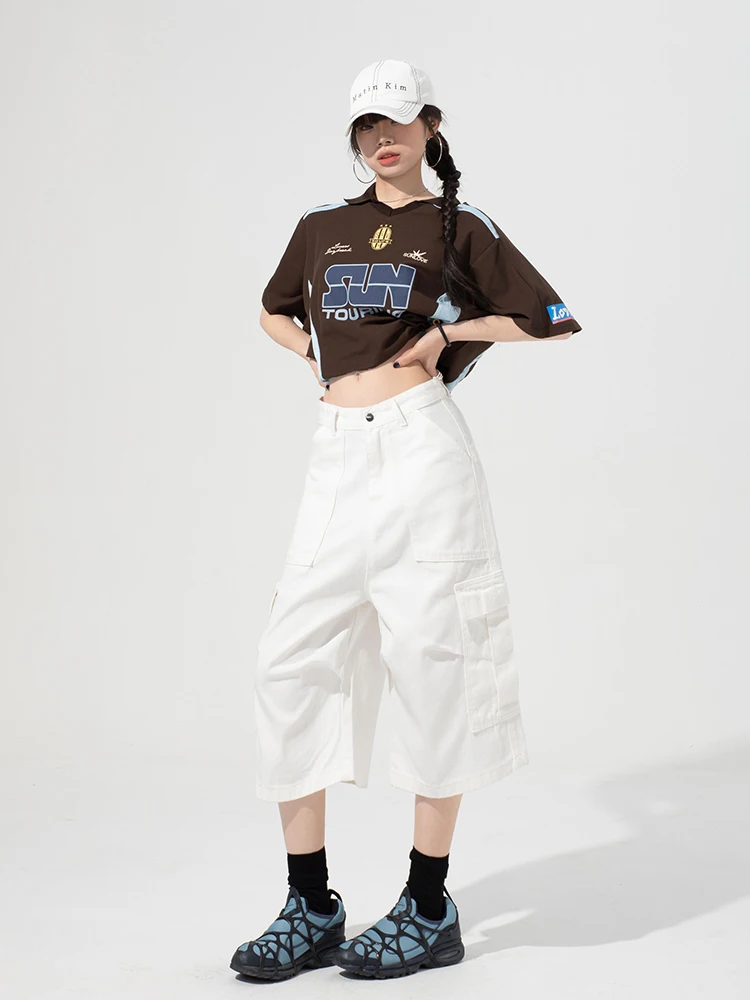 REDDACHiC Women Low Rise Baggy Jean Shorts Cargo Pockets Pleats Denim Shorts Wide Leg Casual Bermuda Pants Summer Streetwear