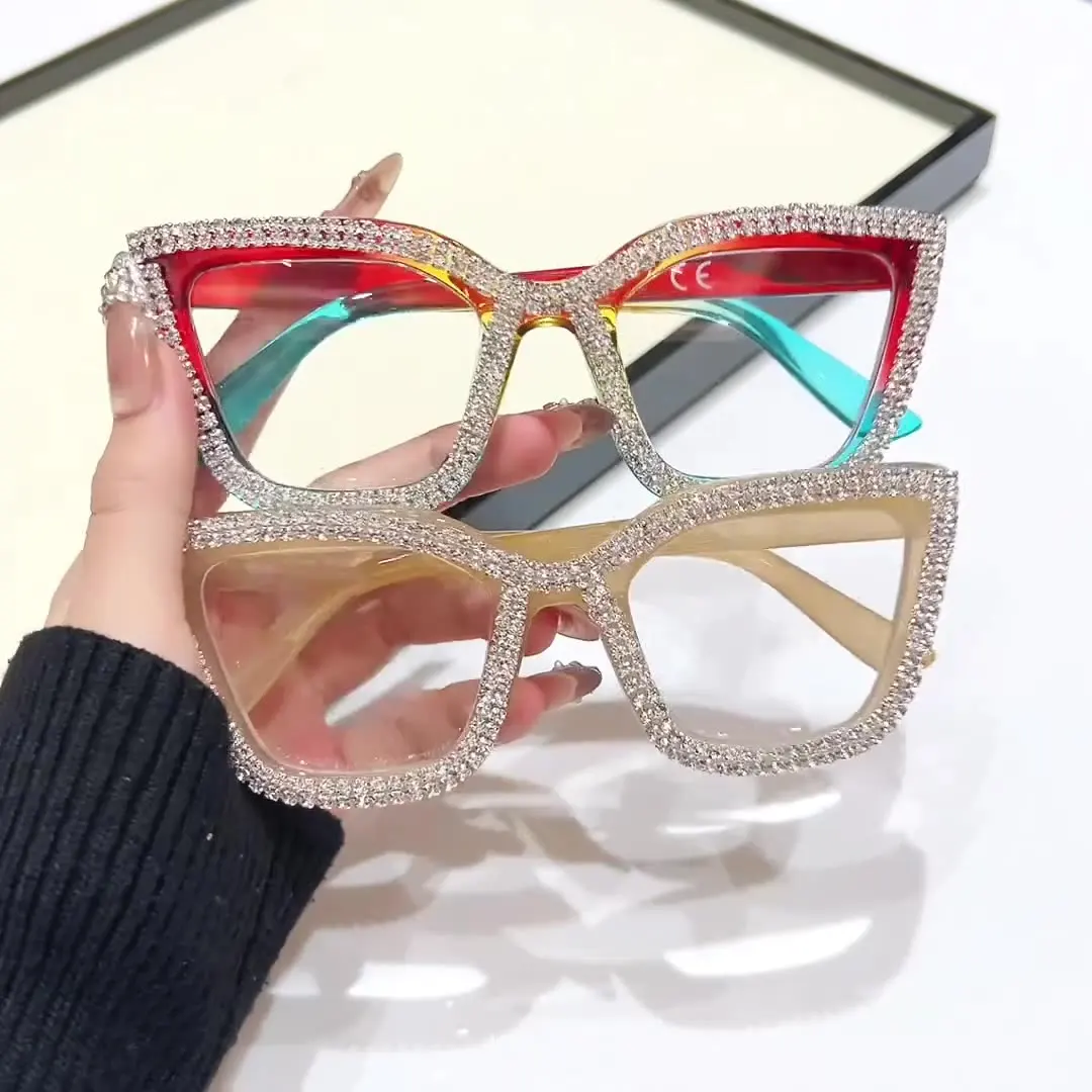 2025New النساء نظارات القراءة موضة تنوعا مكافحة الضوء الأزرق Lnlaid مع الماس القراء فتاة القط العين HD نظارات #1