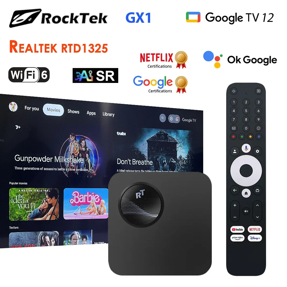 RockTek GX1 UHD Netflix Google المعتمد Google Android TV Box 4GB 32G Realtek1325 يدعم Dolby Atmos Vision 2T2R Wifi6 BT5.2