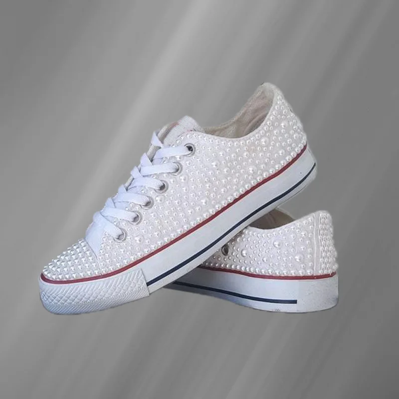 Low-top white ribbon canvas shoes with pearl rhinestones comfortable walking handmade rhinestone vulcanized shoes 35-46