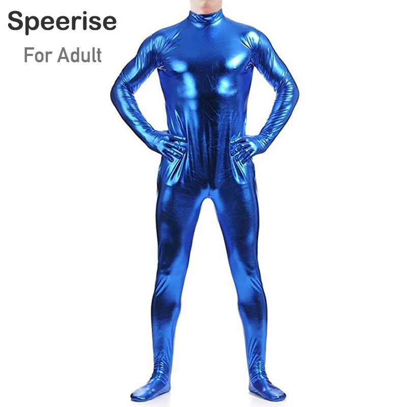 Speerise Adult Men Nylon Shiny Metallic Spandex Zentai Suit Footer Black Headless Zentai Suit Full Body Unitard Customs Bodysuit