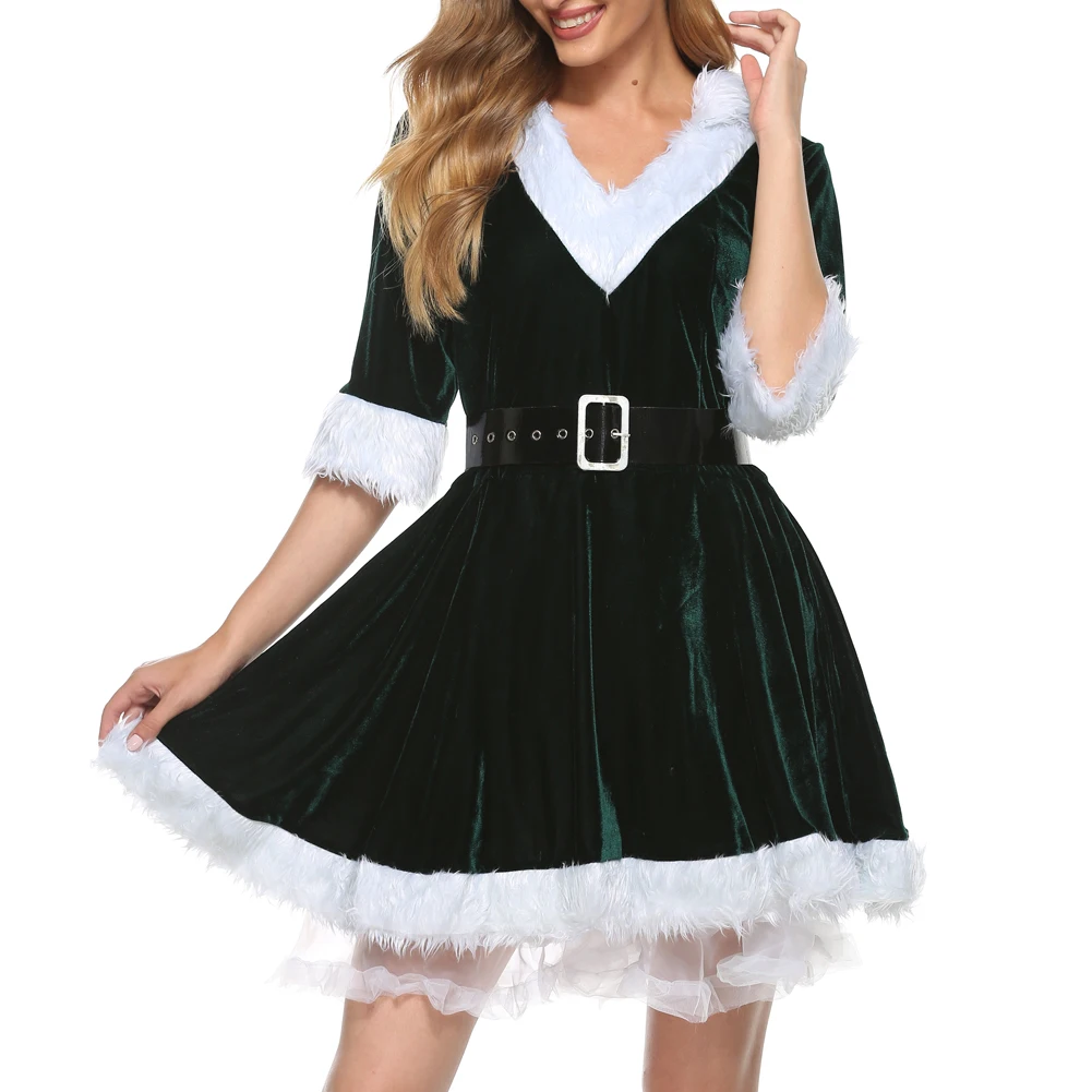 Christmas Dress Women Santa Claus Cosplay Costumes with Hooded Adult Costume Half Sleeve Xmas Winter Modis Ladies Fancy Dress