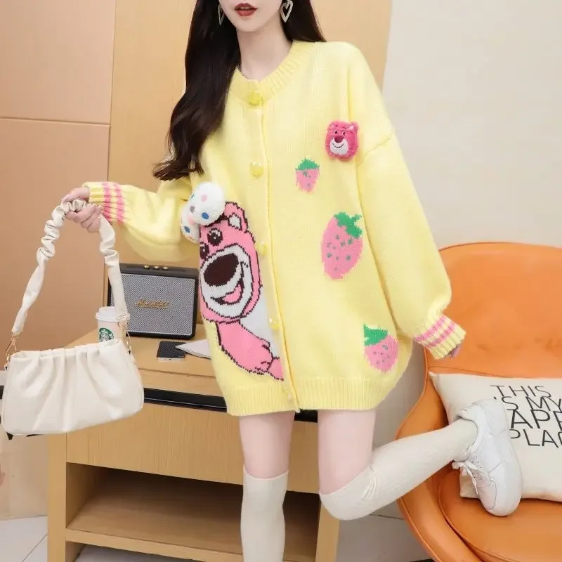 Disney Lotso Knitted Cardigan Cartoon Cute Japanese Style Woman's Knitted Coat Autumn Winter Loose Wild Thicken JK Lolita Tops