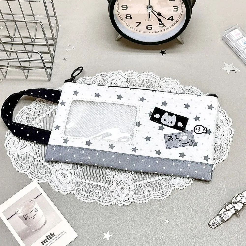 Star Cat Print Pencil Case Handheld with Transparent Window Pencil Pouch Large Capacity Stationery Bag School Supplies
