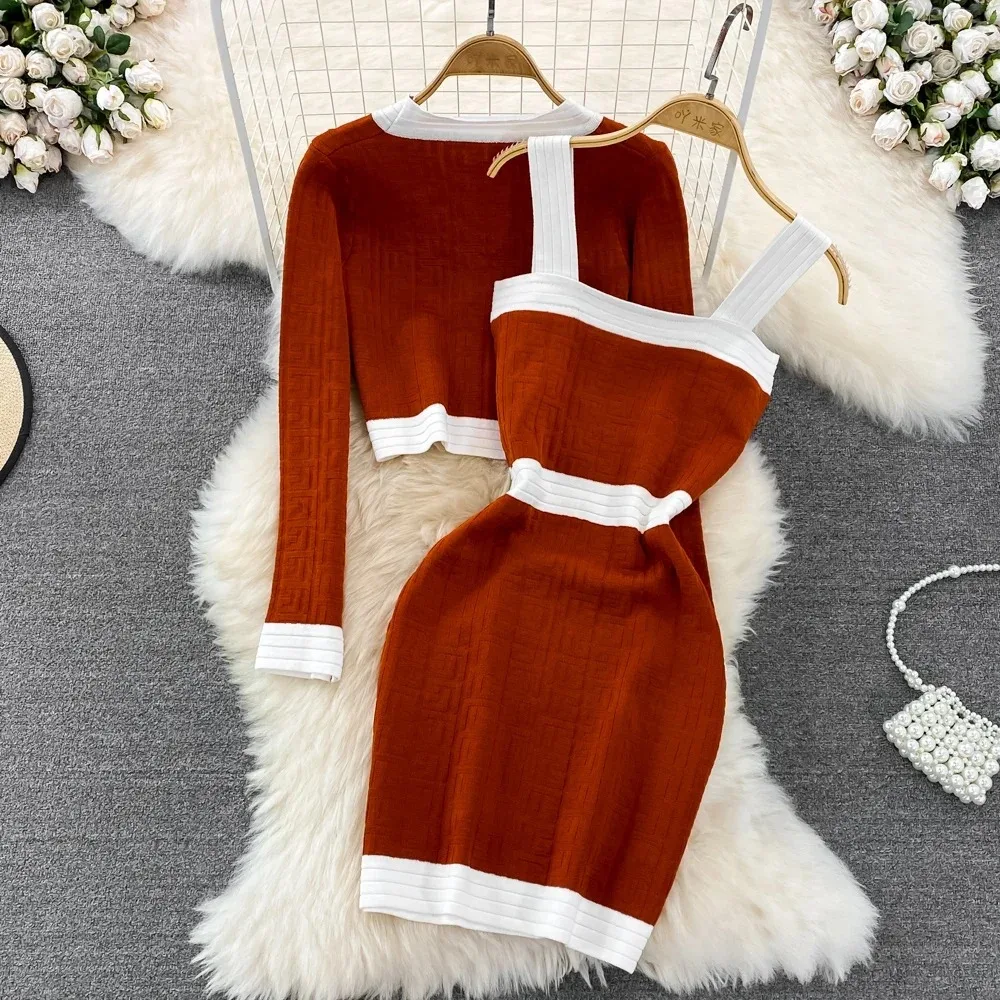 Women Elegant Knit Two Pieces Sets Sweater Vintage Long Sleeve Cadigan and Stretch Tight Sundress Sets Autumn Winter Wrap Dress