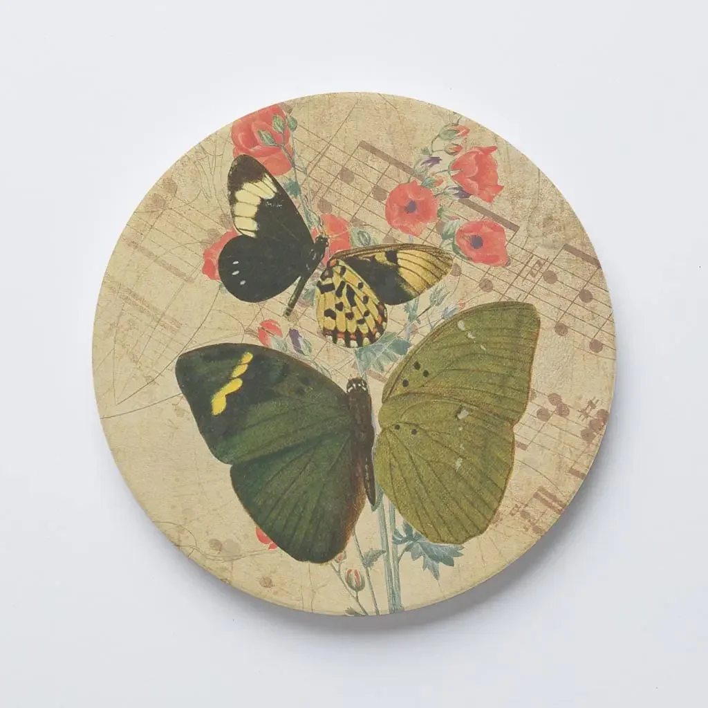 Vintage Yellow Butterfly Ceramic Drink Coaster with Cork Back, Circle Coaster, Protects Tabletop for Mugs, Great Gift for Friend
