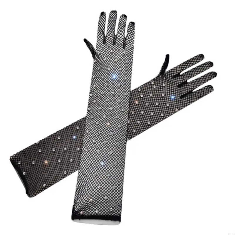 P88A Women Fishnet Gloves with for Rhinestone Fish Net Mesh Arm Long Sleeve