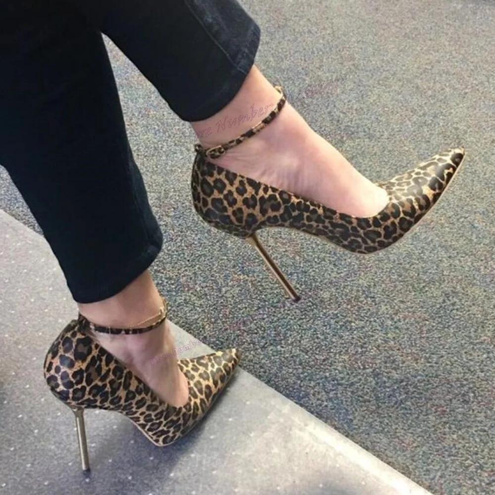 Leopard Back Strap Metal Heels Pumps Shallow Pointy Toe Shoes for Women Thin High Heels Sexy Lady Shoes 2023 Zapatos Para Mujere