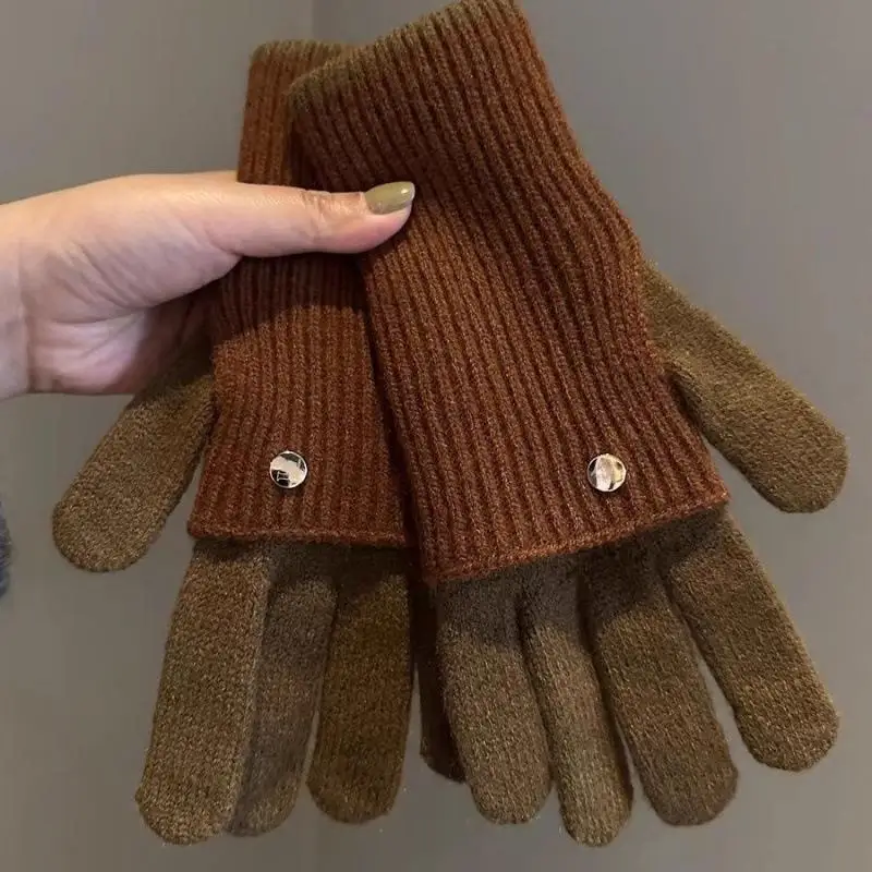 Korean Knitted Touchscreen Gloves Women's Splicing Color Versatile Fashion Two Finger Thick Warm Outdoor Skiing Plush Gloves