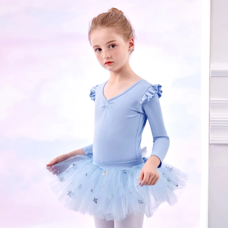 الأطفال ملابس رقص الفتيات أداء زي الخامس الرقبة طويلة الأكمام مطوي شبكة الباليه تنورة ربيع الخريف تنورة رقص جديدة #3