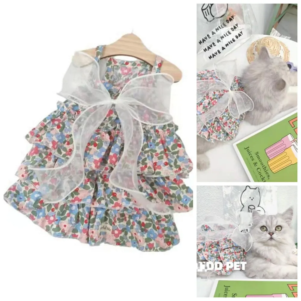 Spring and Summer Breathable Cat Clothing Dog Clothing Pet Cotton Floral Suspender Dress Comfortable Mesh Dress Formal Dress