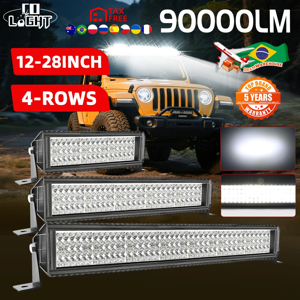 

CO LIGHT 28-дюймовый прямой 4-рядный светодиодный светильник Spot Flood 90000LM Светодиодные автомобильные рабочие фары для внедорожного вождения для Jeep Truck 4x4 ATV