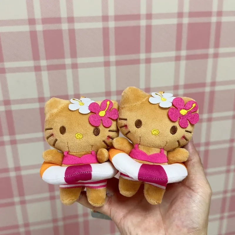 

New Cute Hellokittys Black Leather Sunburn Swimming Ring Plush Toy Doll Bag Pendant Cartoon Doll Girl Heart Kittys Keychain Gift