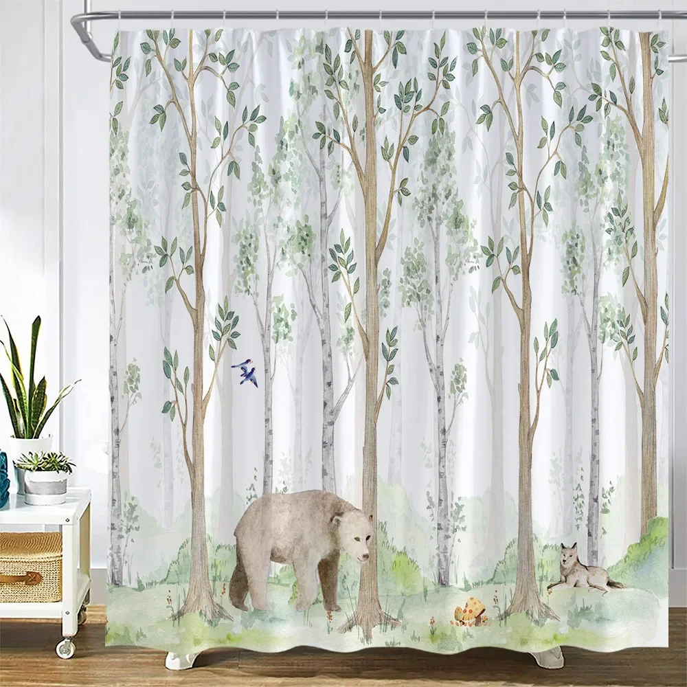 Spring Forest Shower Curtains Funny Animals Fox Bear Deer Squirrel Rabbit Green Leaves Plants Trees Modern Fabric Home Decor Set