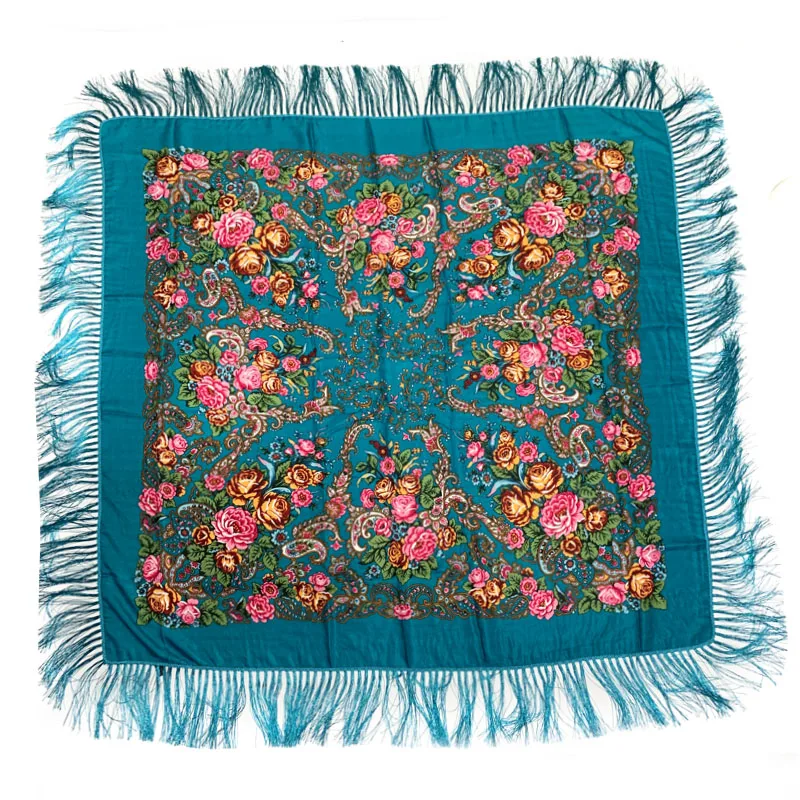 140*140cm Russian Scarf Women\'s Traditional Floral Printing Fringed Ukraine Shawl Babushka Square Bandana Head Scarves Wraps