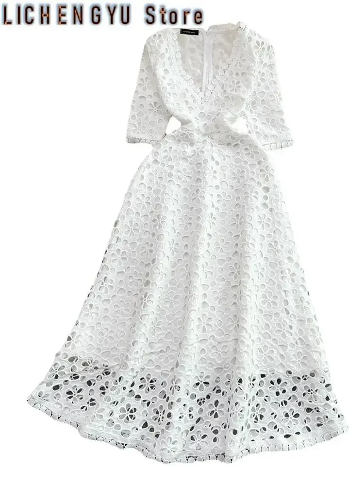 Sweet Style Y2K Vestidos Summer New Women's Dress Hollow Out Half Sleeve Long-sleeve Solid Color High Waist Dresses