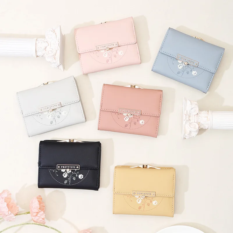 

PU leather short small wallet with buckle, three-fold zipper, student coin purse, square portable wallet