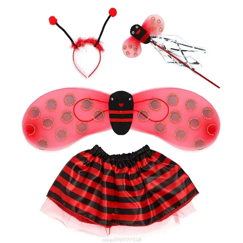 Costume féerique pour enfant F92D, 4 pièces/ensemble, jupe, baguette, bandeau, déguisement d'halloween, mignon, aile rayée, à paillettes, coccinelle, abeille