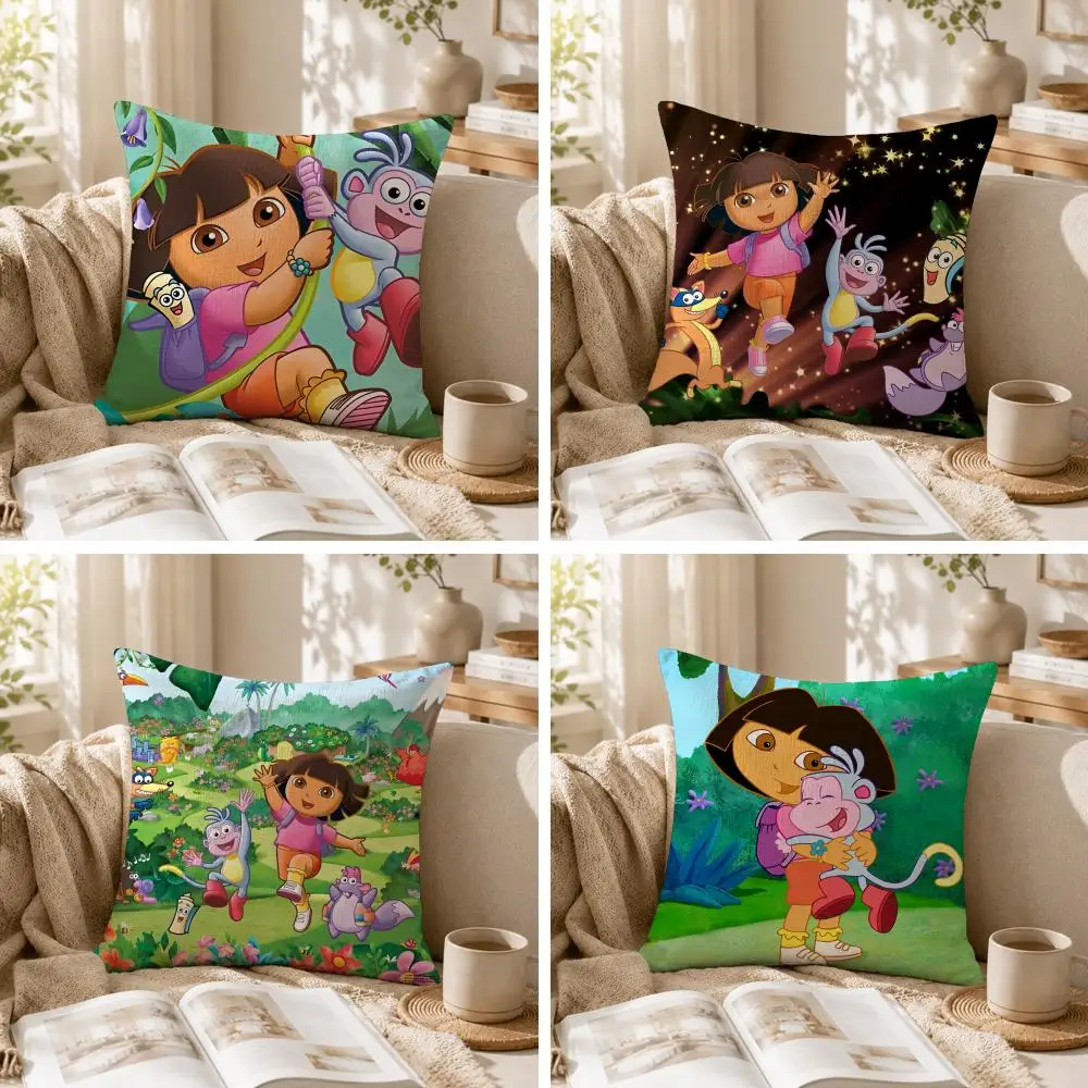 Capa de Almofada de Desenho Animado Dora a Aventureira em Linho Natural Estampada, Fresca e Respirável para Sala de Estar, Quarto e Sofá