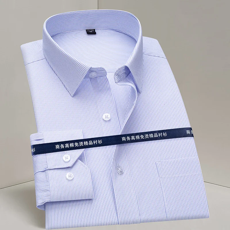 Men Formal Shirt Long Sleeve Office Solid Color Striped Anti-Wrinkle Fashion Business Pocket White Social Pocket Blue Shirt