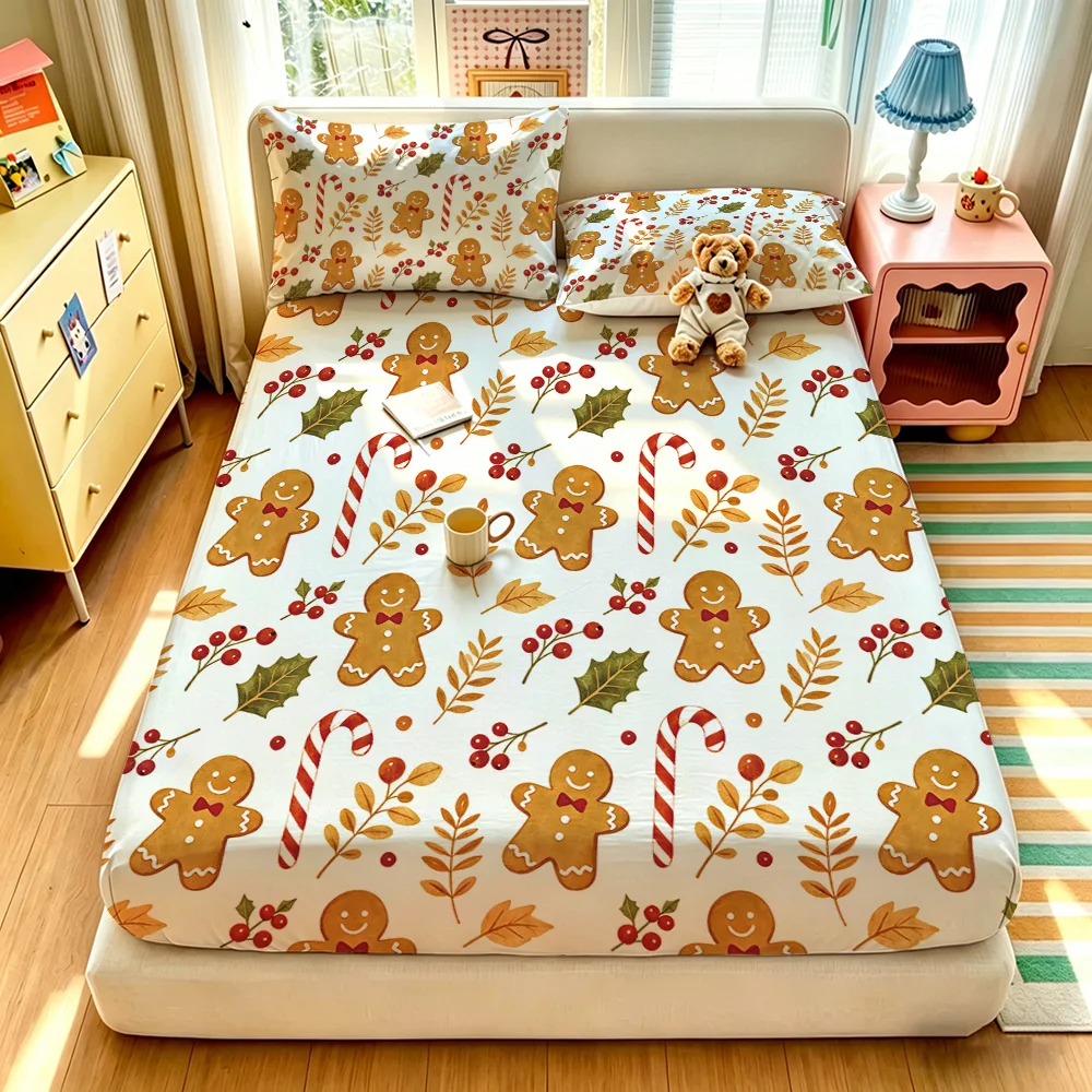 3PCS Christmas Gingerbread Man Holly Berry Print Duvet Cover Set No Insert Soft Machine Washable 1 Duvet Cover 2 Pillowcases