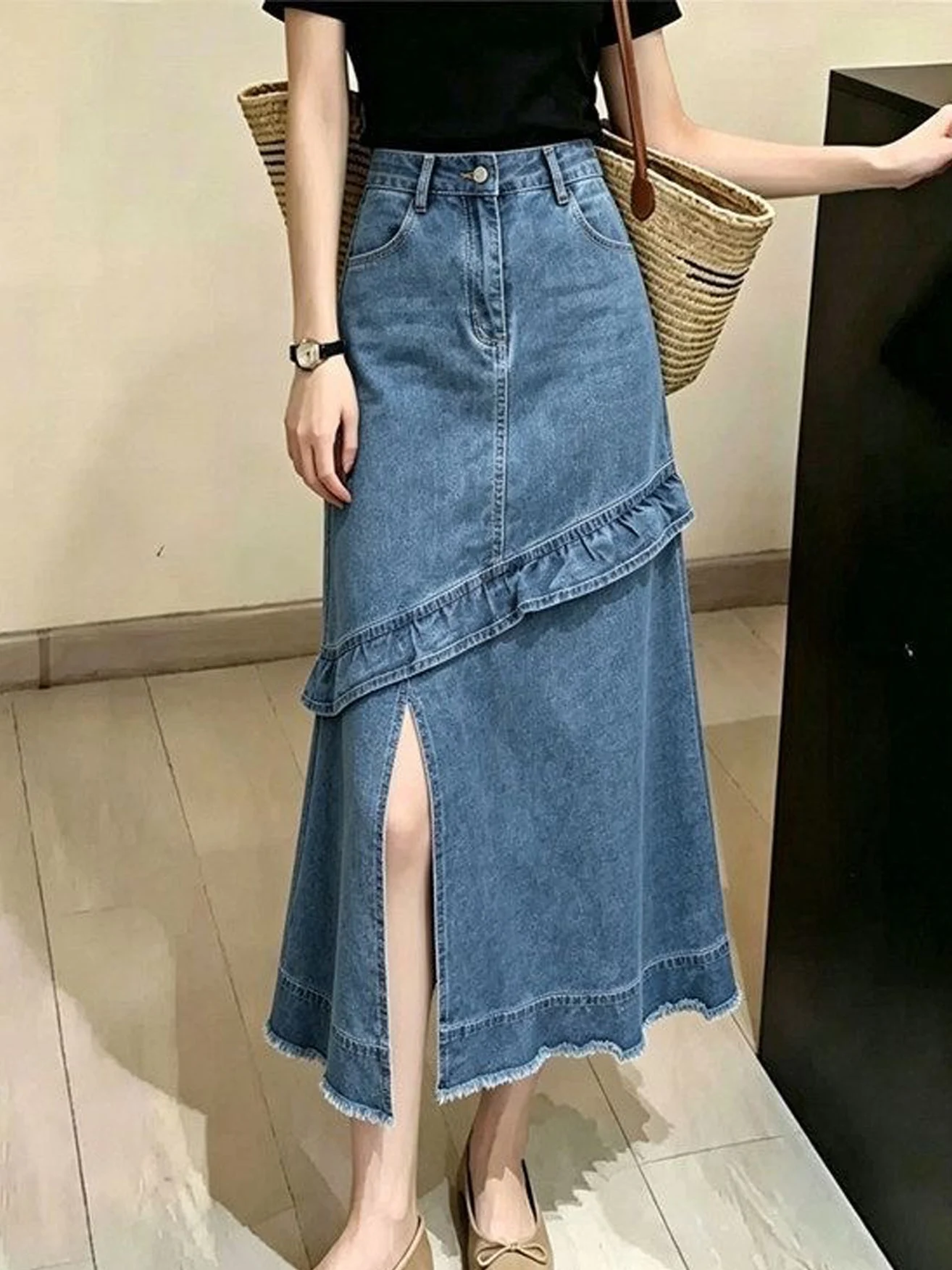Blue Anti-Aging High Waist A-Line  Skirt Women's Denim Split Casual Style Spring Autumn New Arrival Slimming Versatile Skirt