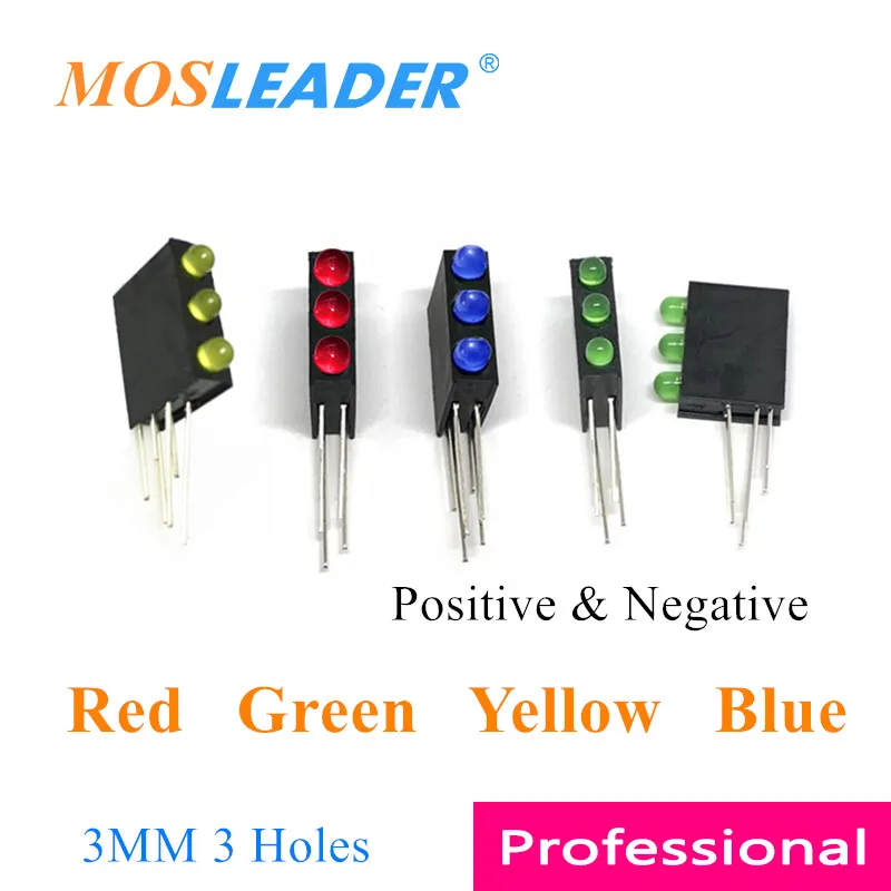 Mosleader 1000 قطعة 3 ثقوب حامل مصباح Led مع حامل بلاستيك أسود led أحمر أخضر أصفر أزرق 3 ألوان 90 درجة بيند الساق