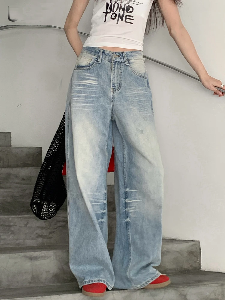 Retro Große Größe Denim Gerade Bein Hosen frauen Hohe Taille Lose Breite Bein Lange Hosen Herbst Winter Abnehmen Wirkung