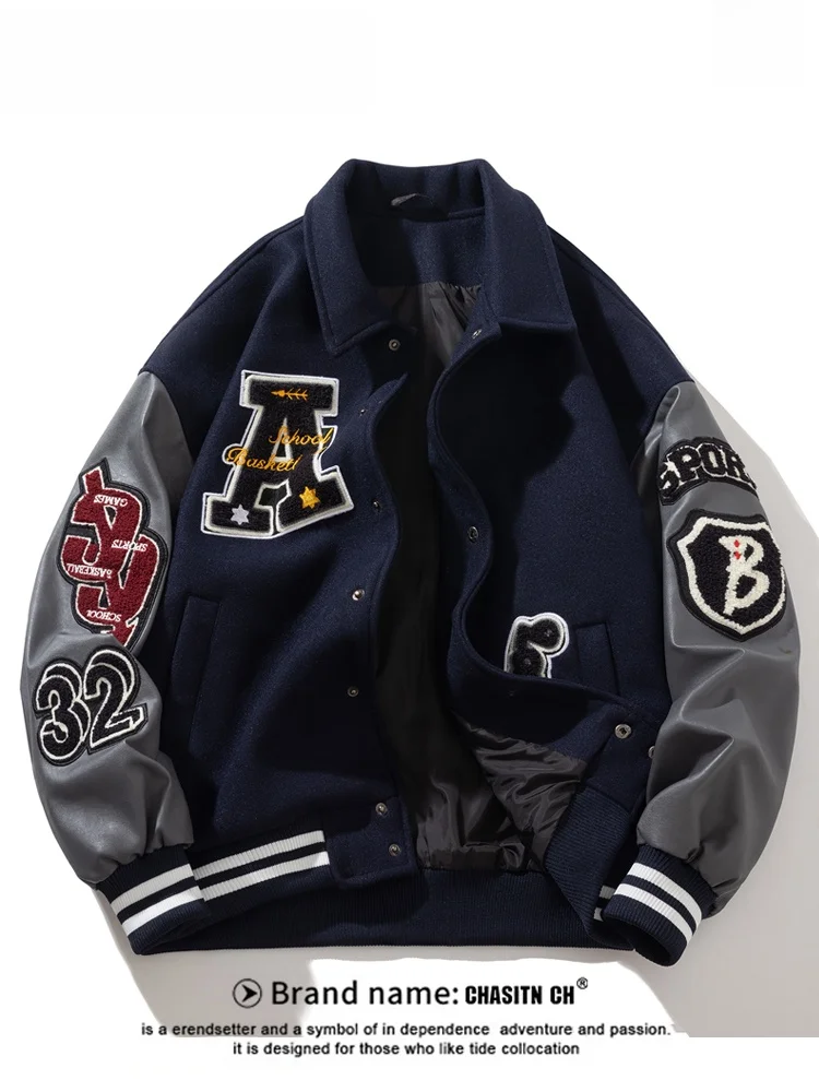 

American Streetwear Embroidered Towel Collar Jaet Men's Faion Autumn Winter Baseball Coat Casual Loose Fit Windproof