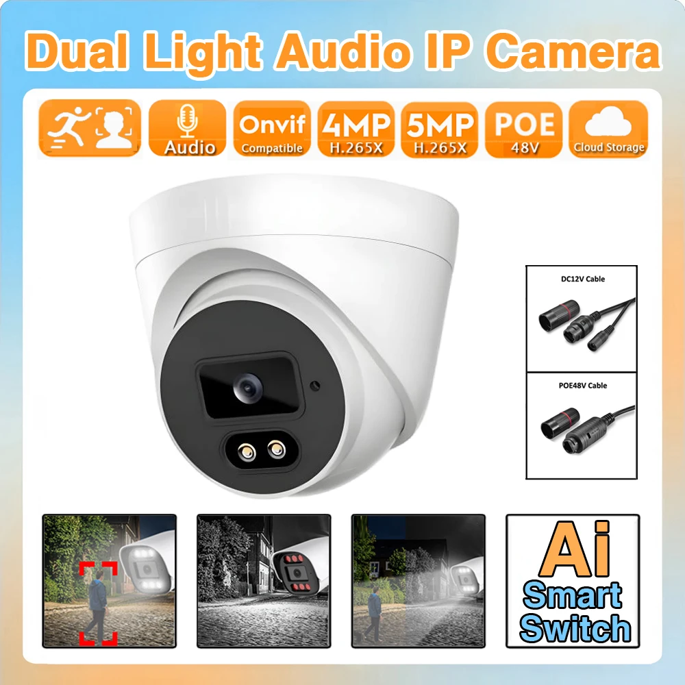 Mini caméra CCTV HD 5MP 2K AI IP POE, vision nocturne + document complet, lumière blanche = mode touristes, ONVIF, micro audio, hémisphère intérieure Xmeye ICN2