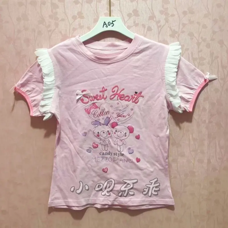 Pure Cotton Dopamine Daughter Clothes Summer New Student Tshirt Japanese Y2k Top Lace Splicing Kawaii Clothes Graphic T Shirts