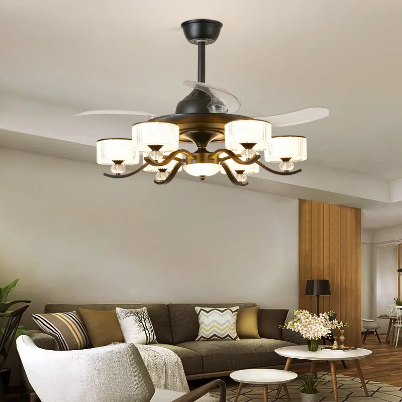 Large Modern Luxury LED Ceiling Fan Light For Living Room Black Iron Body With Hidden Blades And Remote Control