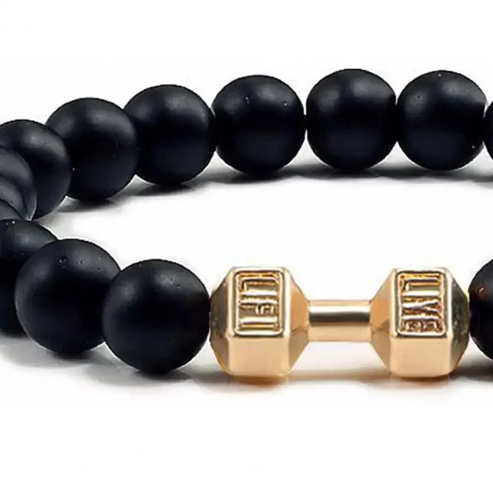 High Quality Men\'s Beaded Bracelet Natural Black Matte Agate Dumbbell Charm Bracelet Energy Fitness Barbell Fashion Jewelry