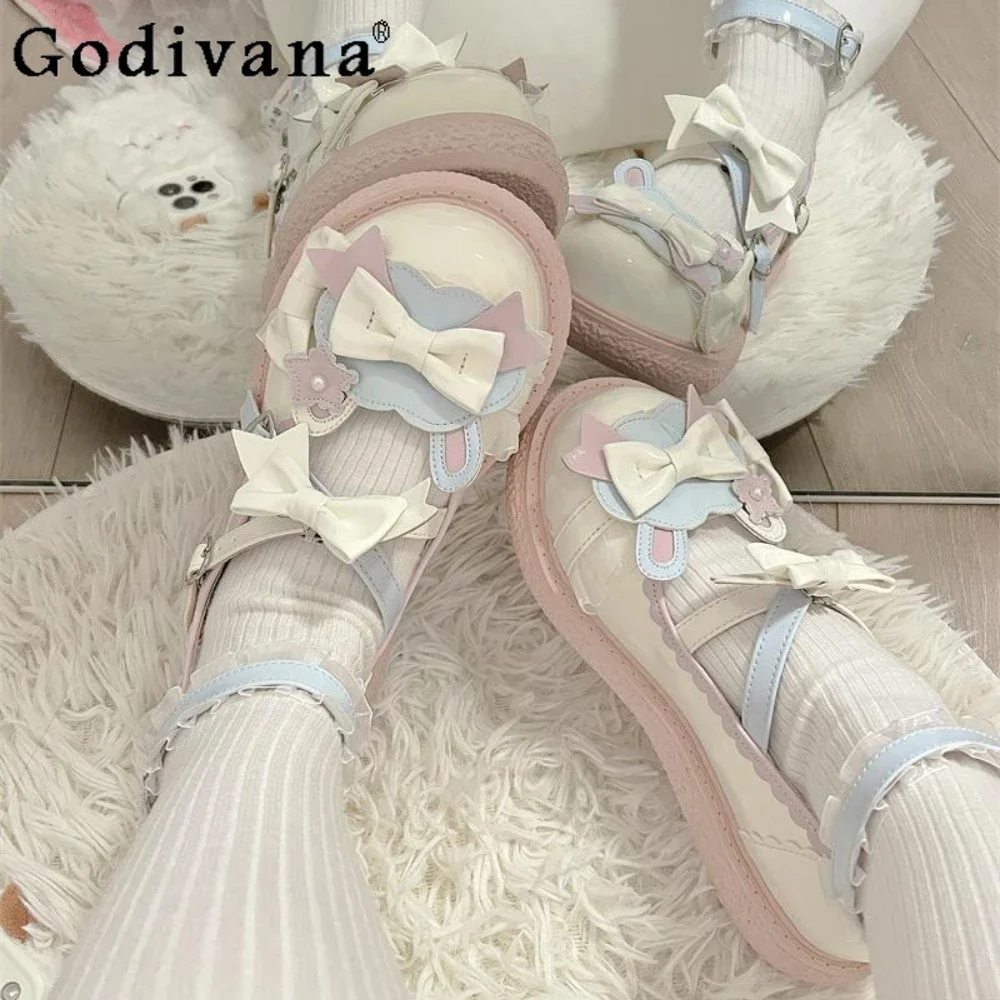 

Sweet Cute Comfortable Chunky Platform Pumps Bowknot Leather Heel Students Elegant Princess Lolita Leather Shoes