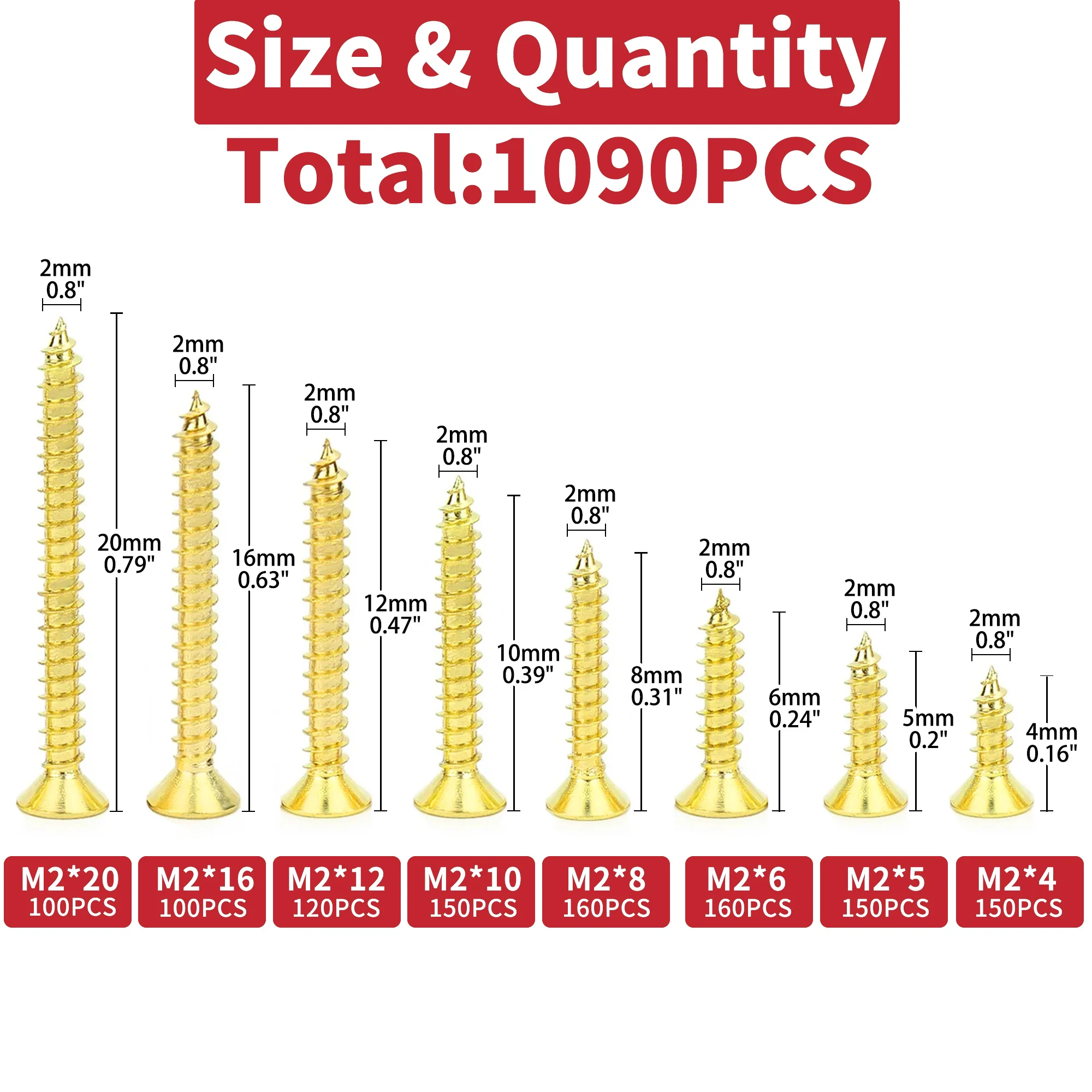 1090pcs Brass Plated Phillips Tips Screw Assortment Kit Fasten Links with Removable Daily Safety to Prevent Loosening