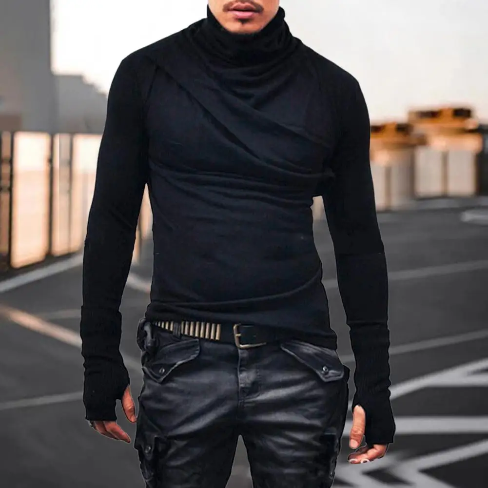 Men Turtleneck Mittens Long Sleeve T-shirt Men Fashion Casual Tee Gloves Male Slim Fit Punk Costume Clothing Top Coats