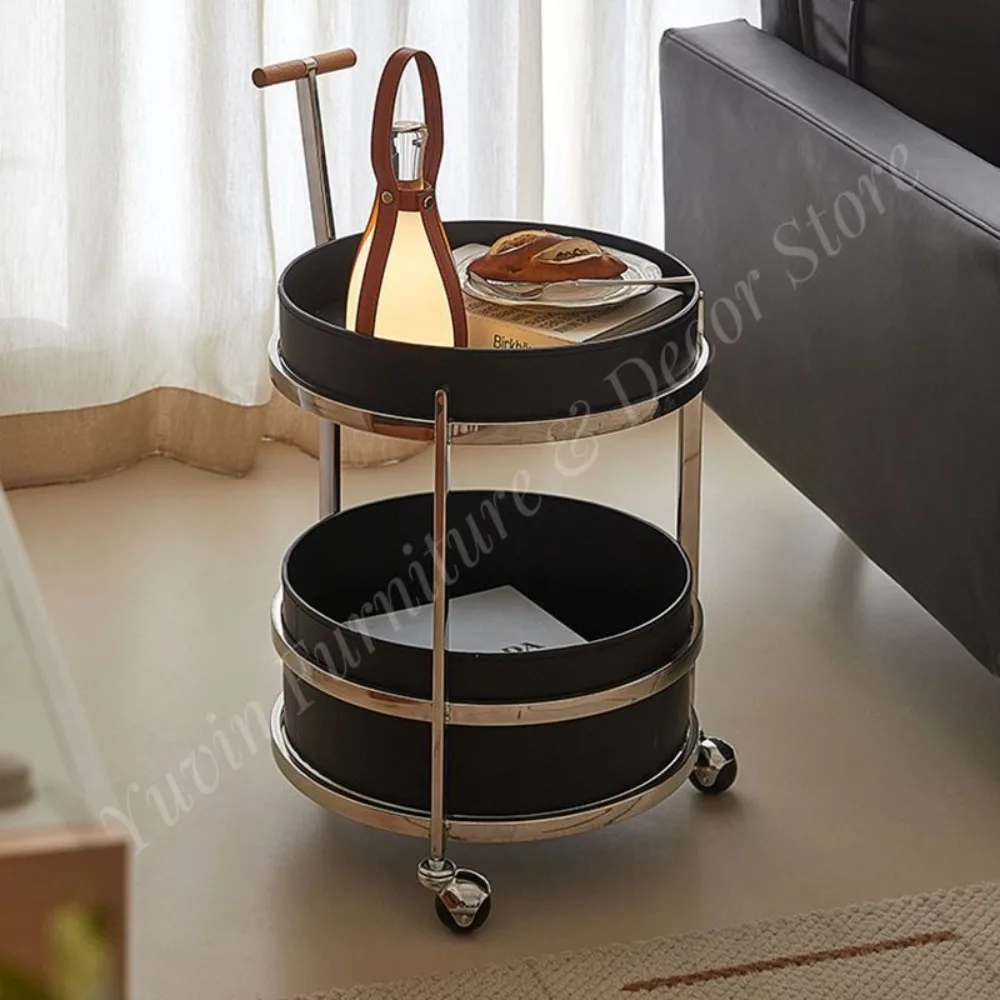 Modern Light-Luxury Side Table Mobile Trolley High-End Stainless Steel Finish Saddle Leather Living Room Furniture