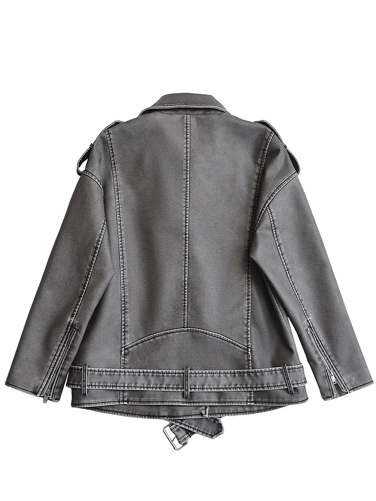 Ailegogo Women Vintage Loose Belt Zipper Pu Faux Leather Jacket Spring Autumn Female Retro Moto Biker Coat Outwear