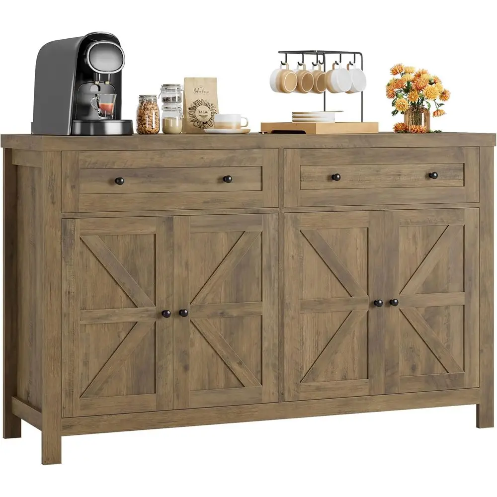 خزانة بوفيه Modern Farmhouse 55 مع أبواب الحظيرة وأدراج تخزين ورفوف، بني ريفي