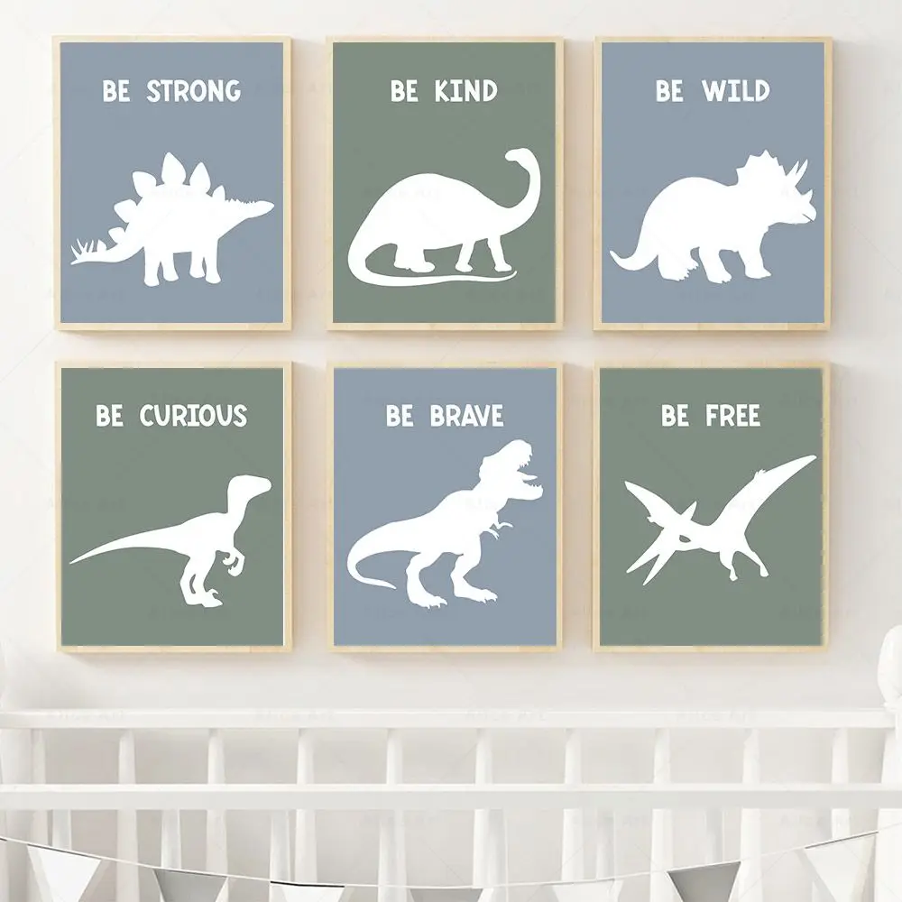 1PC  Cute Dinosaur Wall Art Canvas Painting Be Strong Be Kind Be Brave Dinosaur Quotes Poster Prints Picture Nursery Kids Roo